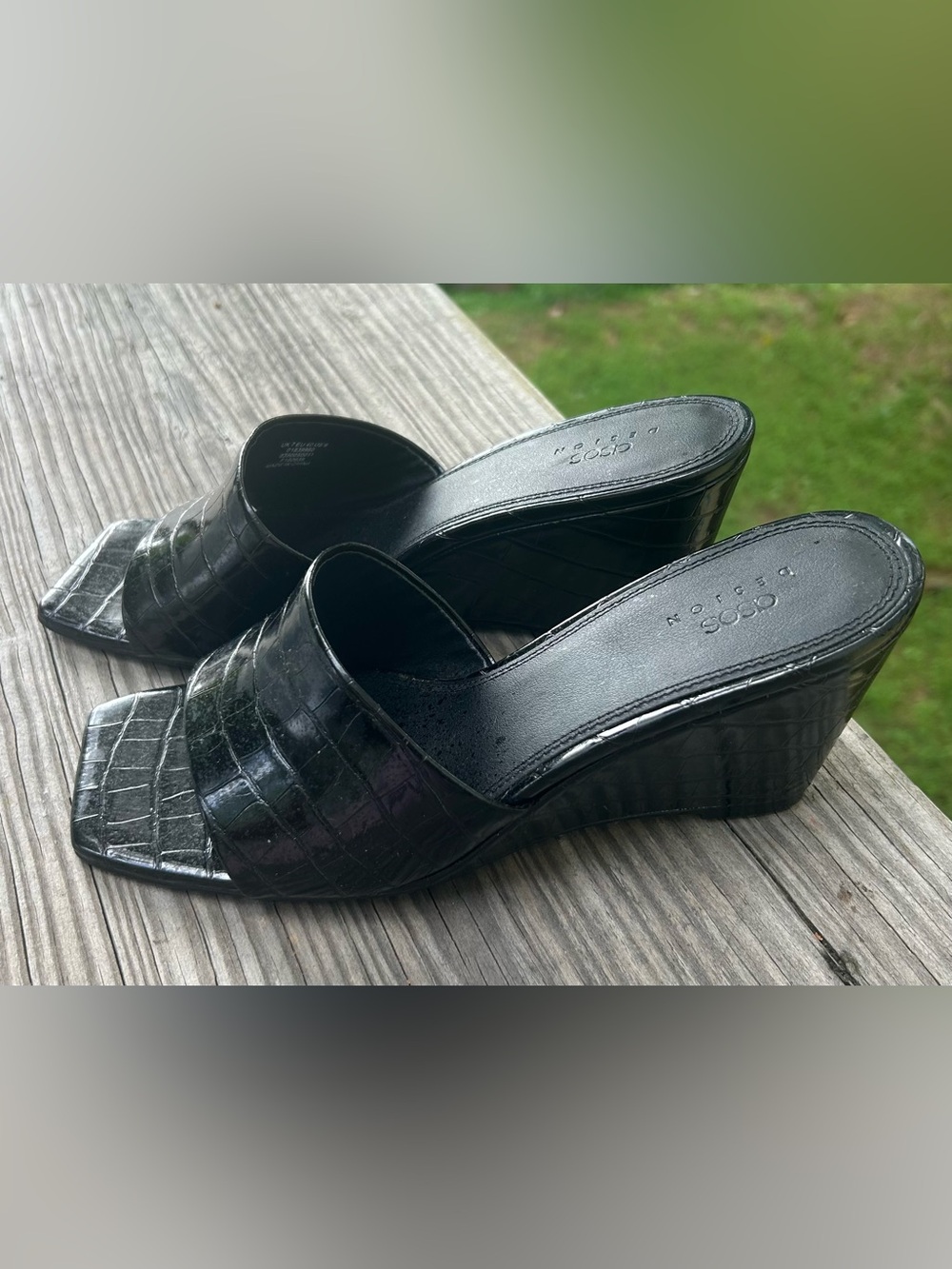 COS Black Croc-Embossed Slide Mules